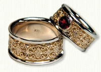 Custom Mohan Knot Wedding Band with Bezel Set Ruby. 14kt Yellow gold center/white rails