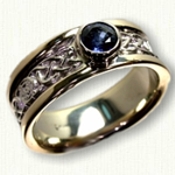 Custom 14kt Two Tone Cirle Murphy Knot Wedding Band with bezel set blue sapphire