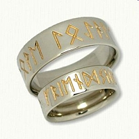 14kt White Gold Custom Runes Wedding Bands- Reverse Etch with 18kt Electroplating in Recessed Areas  