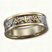 Custom 14kt Two Tone Celtic Triangle Knot Band with Raised Shamrocks and Cross