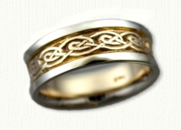 Stretched Celtic Galway Knot Wedding Band. 14Kt yellow center/white rails