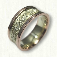 14kt Green & Rose Gold Celtic Triangle Knot with Thistle Wedding Band