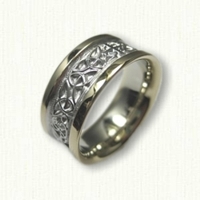 #86: Custom 14kt Two Tone Celtic Triangle Knot with Cross Wedding Band. 14kt white center, 14kt yellow rails