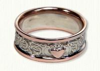 Triangle Knot Wedding Band with Single Claddagh and Raised Heart. Rose gold rails & heart, white gold center