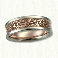 Celtic Triangle Knot Wedding Band with 2 Ravens. 14kt rose center/white rails