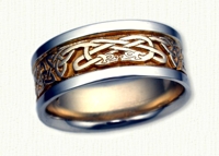 Celtic Triangle Knot Wedding Rings with 2 Serpents. 14kt yellow center/white rails