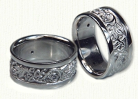 Custom 14kt white gold Triangle Knot Wedding Rings with Vine and bezel set diamonds