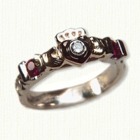 Custom Tri-color claddagh ring with 2  rubies and bezel set .10ct diamond