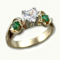 14KY Celtic Twin Hearts Engagement Ring with Heart shaped diamond and two small emeralds