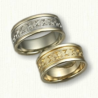 Custom 14kt Two Tone Celtic Wave Knot Wedding Band Set with raised rails