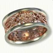 Custom Pierced Wicklow Knot Wedding Bands. 14kt Rose Gold Center with 14kt White Gold Rails